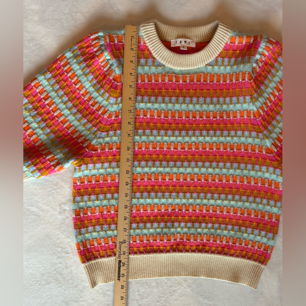 THML Sweater Knit Crochet Pattern Vibrant Rainbow Quarter Sleeve Size S - Picture 3 of 8
